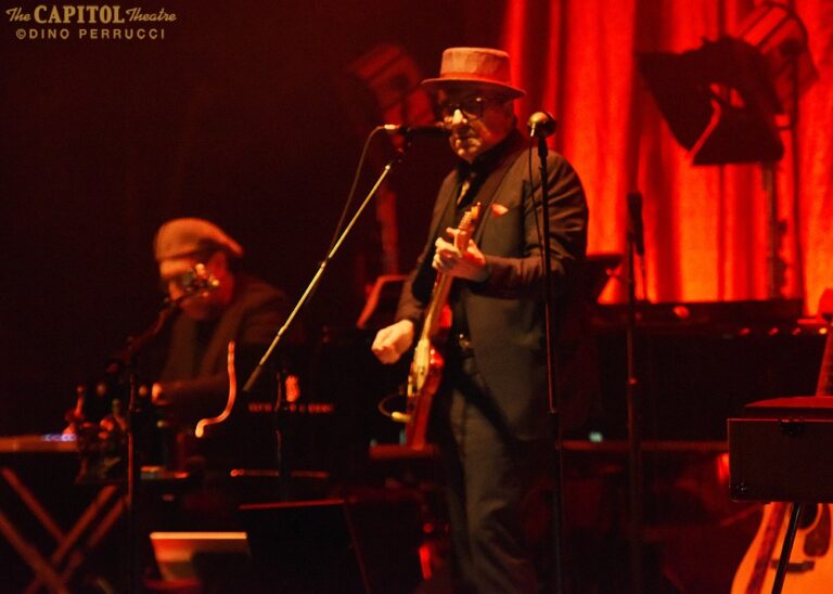A man in a suit and playing a guitar standing on stage in front of a microphone. There are red lights lighting the stage. The man is wearing glasses and a circular brimmed hat. Behind him are lights, amps, and microphone stands. In the left corner is a man on keyboards just out of focus.